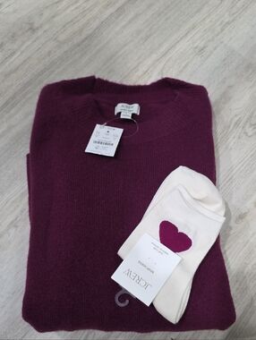 J. Crew Women's Extra Soft Burgundy Crewneck Sweater with Cream Heart Socks